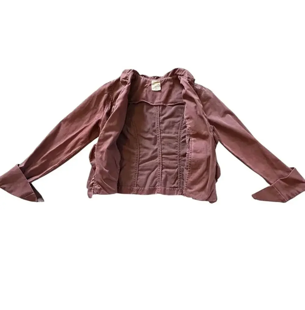 Free People Women's Burgundy Utility Ruffle Front Blazer Jacket